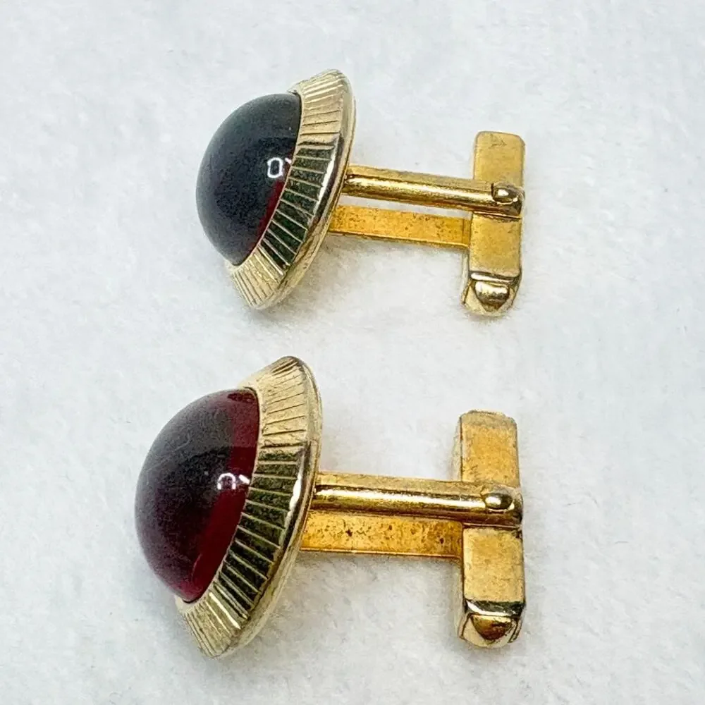 Vintage Anson Red Glass Cabochon Cufflinks, Gold‑Tone, Mid‑Century PAT PEND